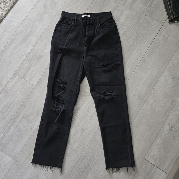 Black Jeans 25 High Rise Straight Distressed Ripped Raw Hem Edgy Streetwear - Picture 1 of 11